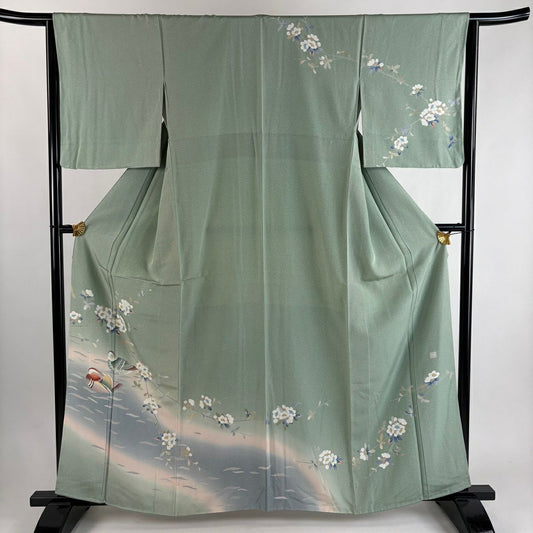 訪問服 身長162.5cm 袖長64.5cm M 雙層 落款有 鴛鴦 枝花 漸層 灰綠 純蠶絲 優品級