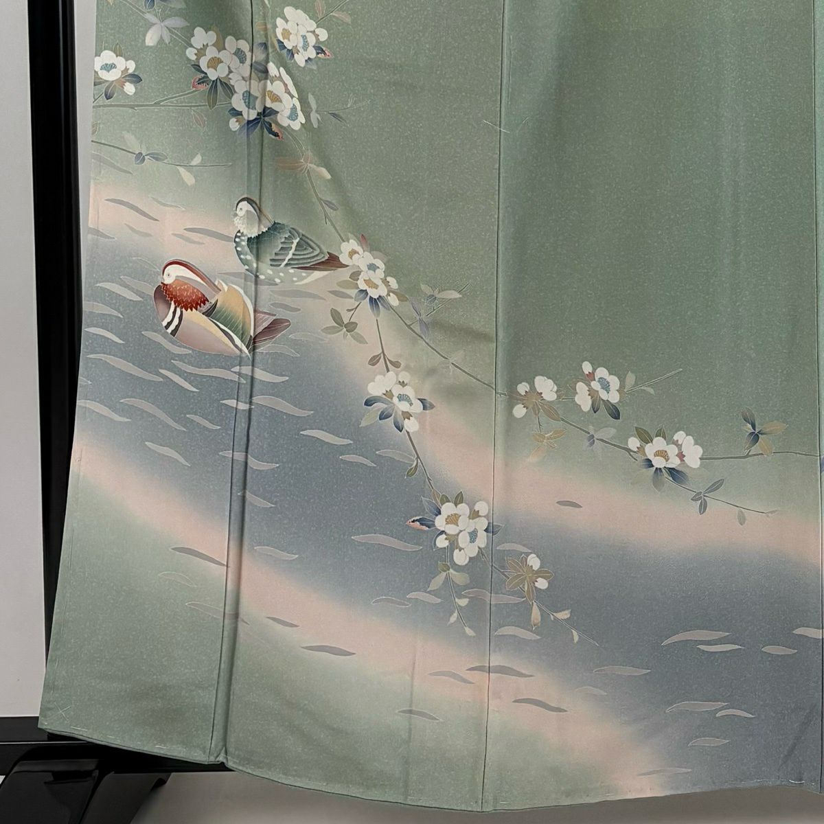 訪問服 身長162.5cm 袖長64.5cm M 雙層 落款有 鴛鴦 枝花 漸層 灰綠 純蠶絲 優品級