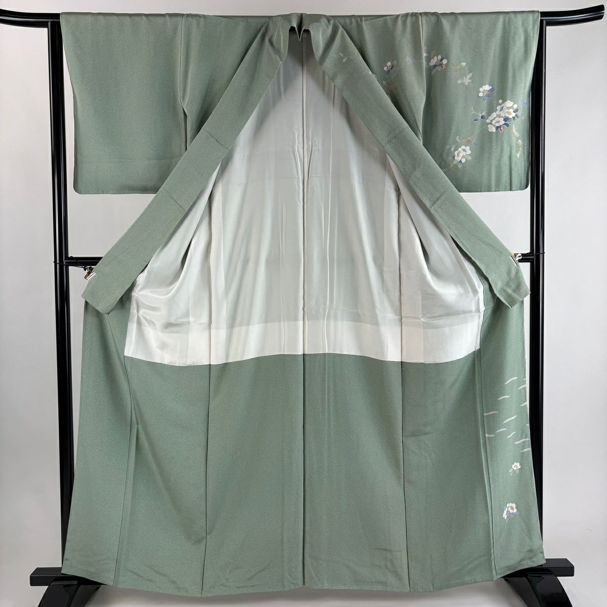訪問服 身長162.5cm 袖長64.5cm M 雙層 落款有 鴛鴦 枝花 漸層 灰綠 純蠶絲 優品級