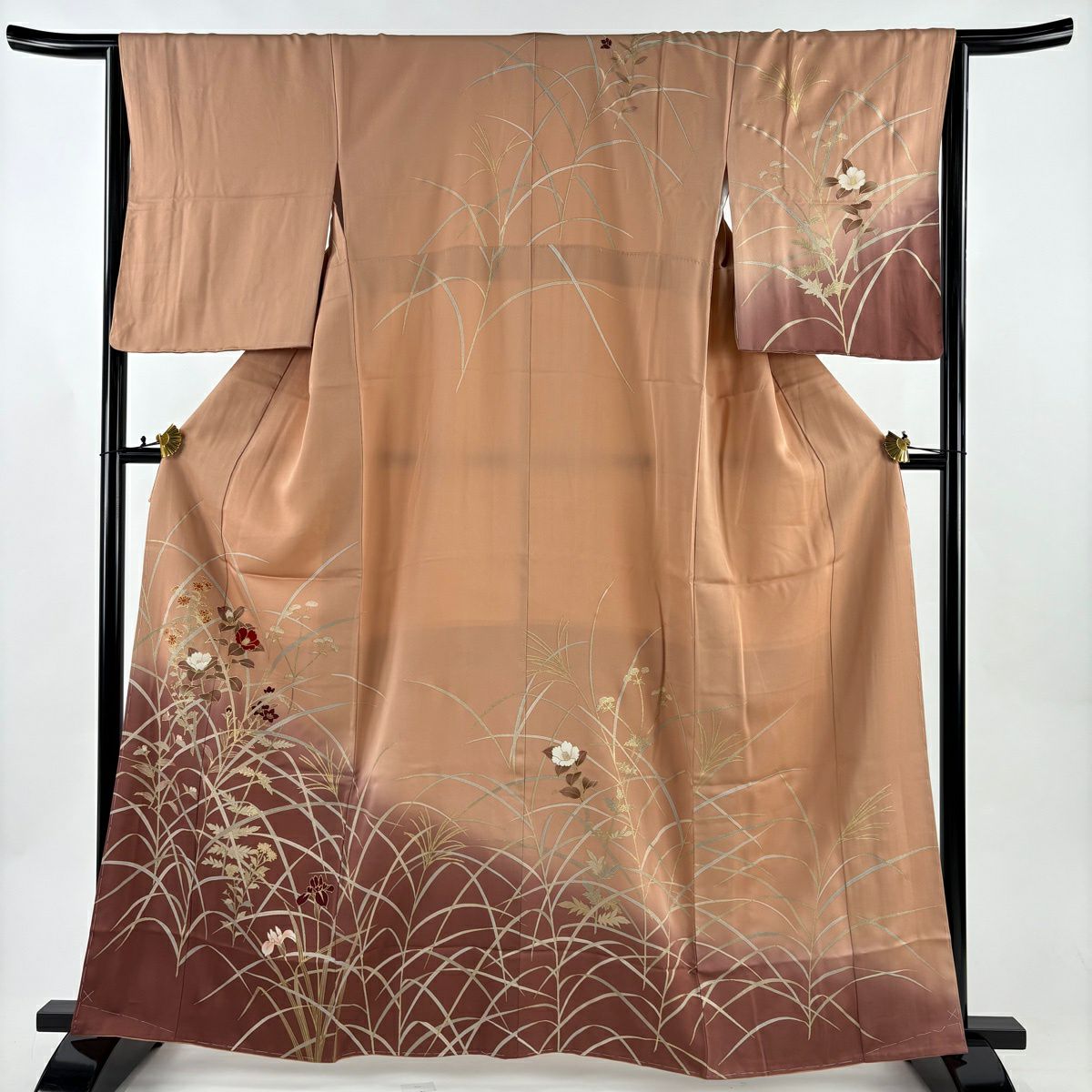 訪問服 身長161.5cm 袖長64.5cm M 雙層 鈴乃屋 椿 秋草 金銀彩 染分 粉米色 純蠶絲 秀品級