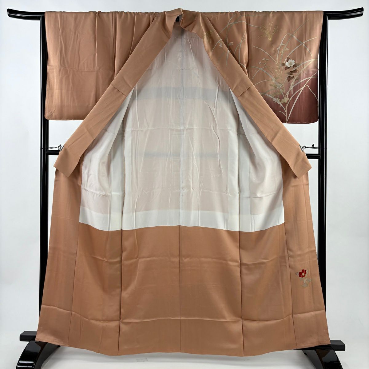 訪問服 身長161.5cm 袖長64.5cm M 雙層 鈴乃屋 椿 秋草 金銀彩 染分 粉米色 純蠶絲 秀品級