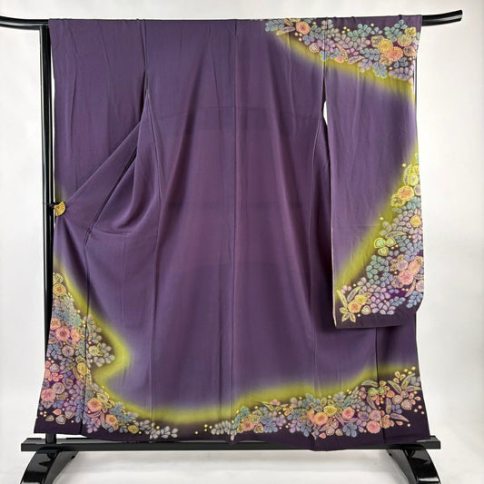 振袖禮服 身長158.5cm 袖長67cm M 雙層 落款あり 辻花染 花霞 漸層 灰紫 純蠶絲 優品級