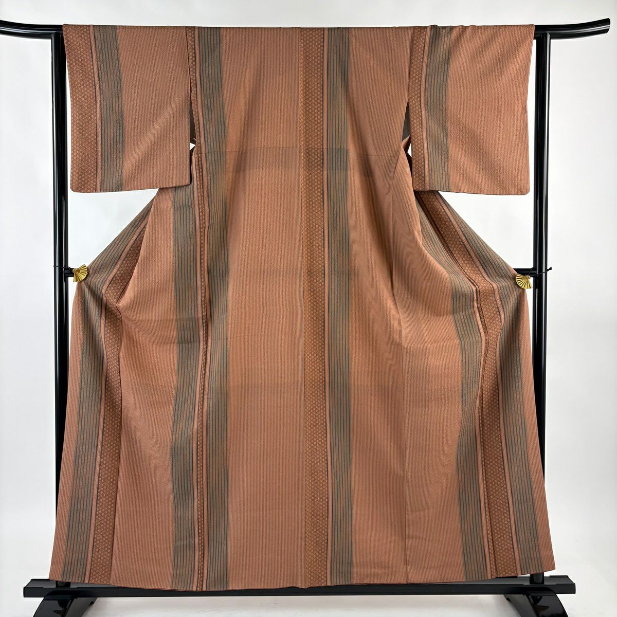 【美品】小紋 身長158.5cm 袖長63.5cm S 雙層 英 縱條 麻葉 紅茶 化纖 優品級