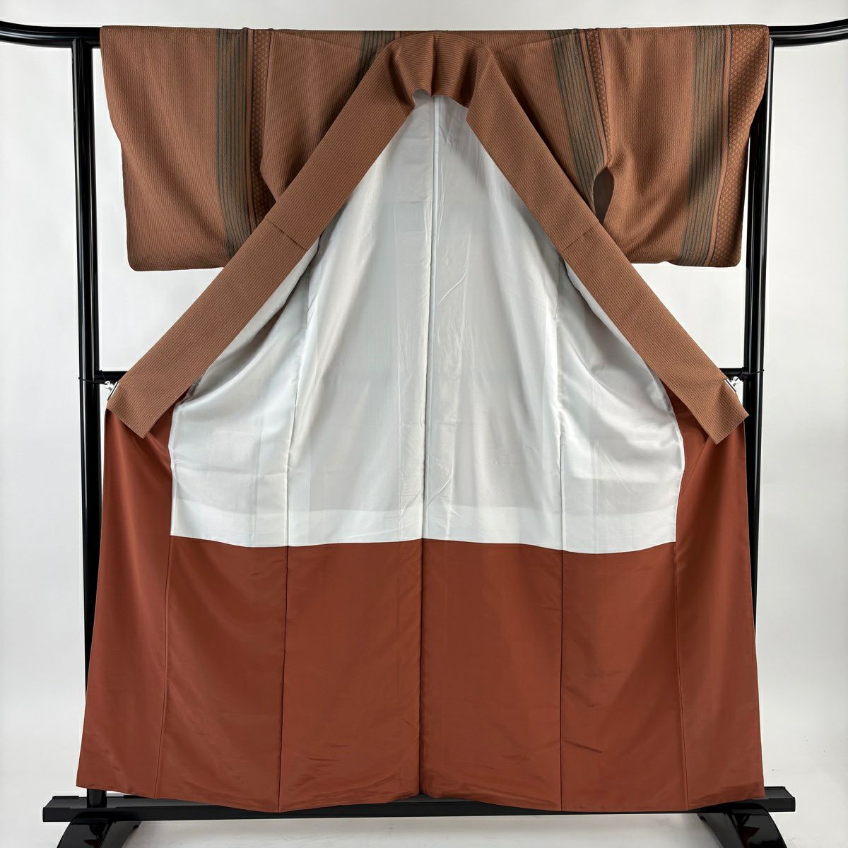 【美品】小紋 身長158.5cm 袖長63.5cm S 雙層 英 縱條 麻葉 紅茶 化纖 優品級