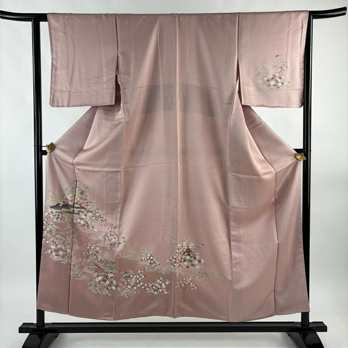 【美品】訪問服 身長155cm 袖長62.5cm S 雙層 建物 松樹竹子梅花 金銀彩 粉紅 純蠶絲 秀品級