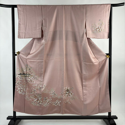 【美品】訪問服 身長155cm 袖長62.5cm S 雙層 建物 松樹竹子梅花 金銀彩 粉紅 純蠶絲 秀品級