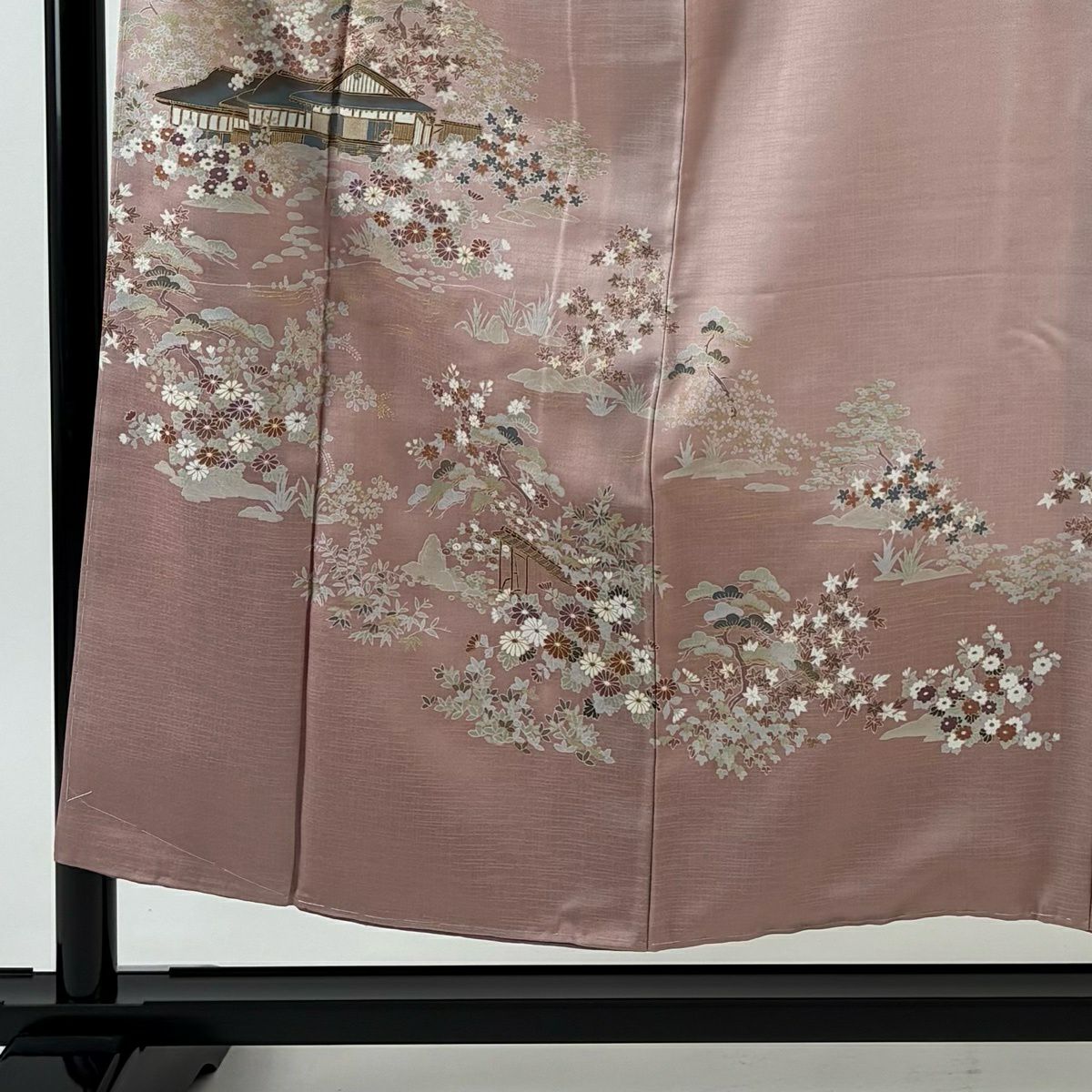 【美品】訪問服 身長155cm 袖長62.5cm S 雙層 建物 松樹竹子梅花 金銀彩 粉紅 純蠶絲 秀品級
