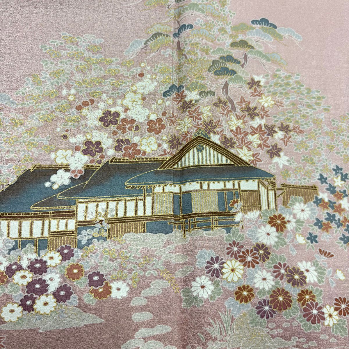 【美品】訪問服 身長155cm 袖長62.5cm S 雙層 建物 松樹竹子梅花 金銀彩 粉紅 純蠶絲 秀品級