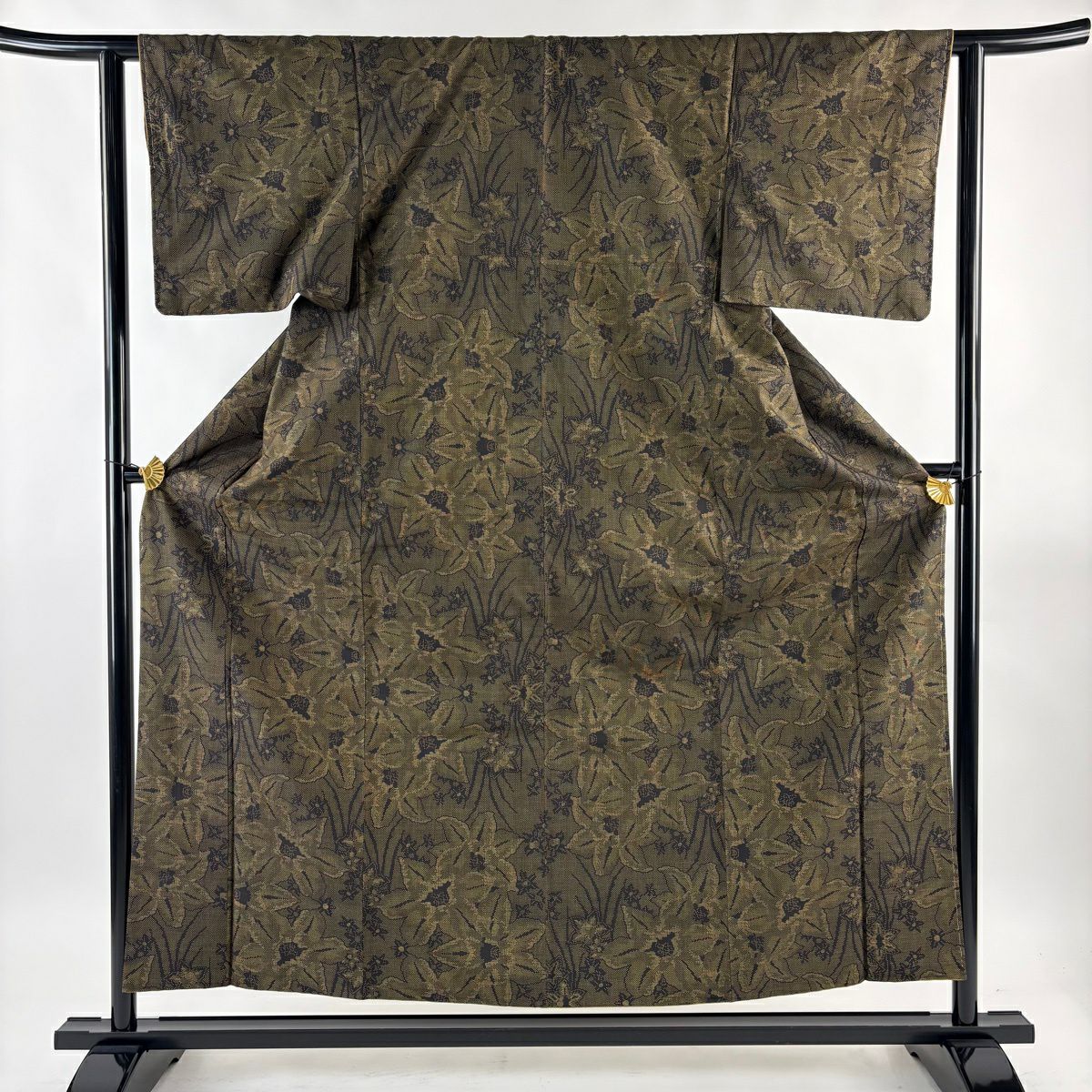 紬織 身長156.5cm 袖長61.5cm S 雙層 花 茶綠 純蠶絲 秀品級