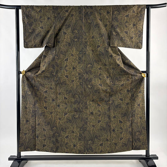 紬織 身長156.5cm 袖長61.5cm S 雙層 花 茶綠 純蠶絲 秀品級