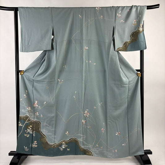 訪問服 身長160.5cm 袖長67.5cm L 雙層 枝花 流水 金絲 金銀彩 青灰 純蠶絲 秀品級