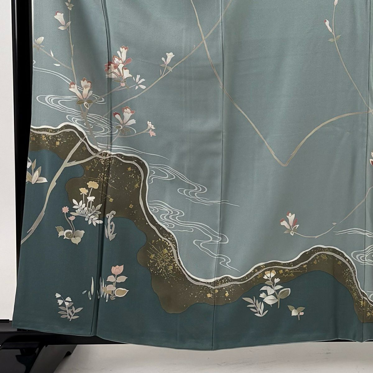 訪問服 身長160.5cm 袖長67.5cm L 雙層 枝花 流水 金絲 金銀彩 青灰 純蠶絲 秀品級