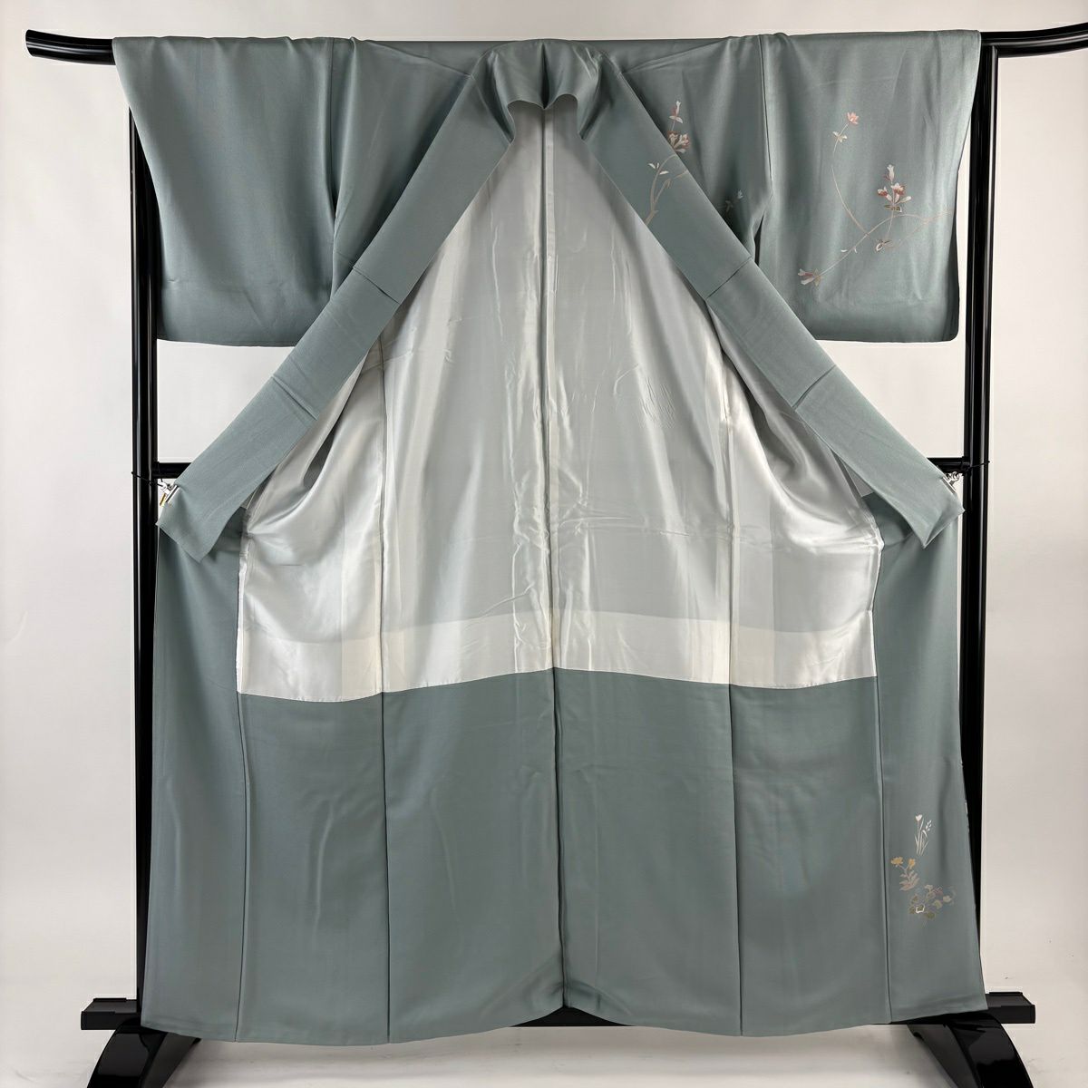 訪問服 身長160.5cm 袖長67.5cm L 雙層 枝花 流水 金絲 金銀彩 青灰 純蠶絲 秀品級
