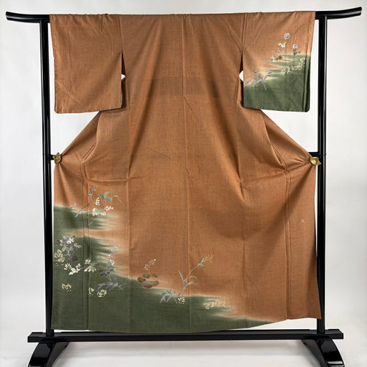 【美品】 付下 身長158cm 袖長63cm S 雙層 紬織織 落款あり 枝花 霞 金銀彩 漸層 薄茶 純蠶絲 秀品級