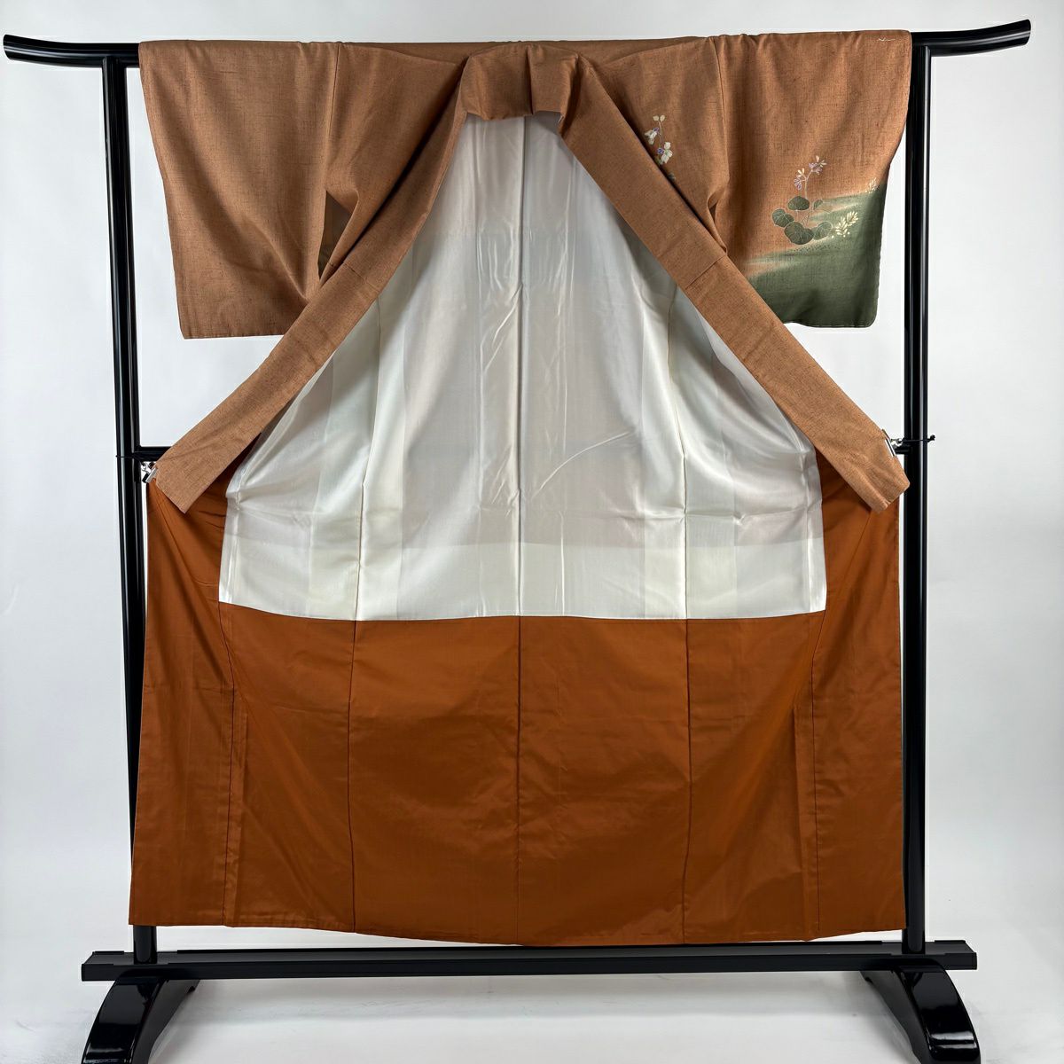 【美品】 付下 身長158cm 袖長63cm S 雙層 紬織織 落款あり 枝花 霞 金銀彩 漸層 薄茶 純蠶絲 秀品級