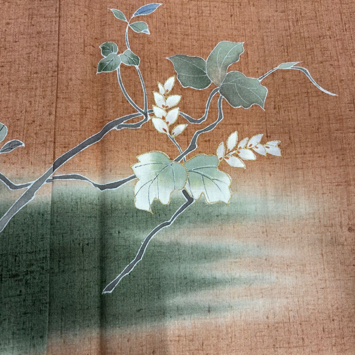 【美品】 付下 身長158cm 袖長63cm S 雙層 紬織織 落款あり 枝花 霞 金銀彩 漸層 薄茶 純蠶絲 秀品級