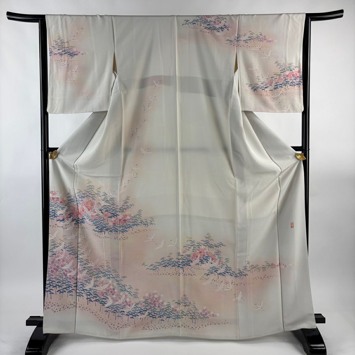 訪問服 身長167cm 袖長65cm M 雙層 落款 仙鶴 松樹梅花 漸層 灰白 純蠶絲 優品級