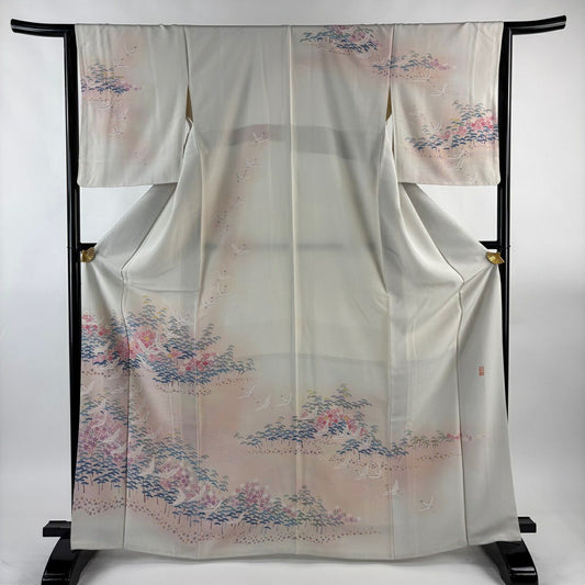 訪問服 身長167cm 袖長65cm M 雙層 落款 仙鶴 松樹梅花 漸層 灰白 純蠶絲 優品級
