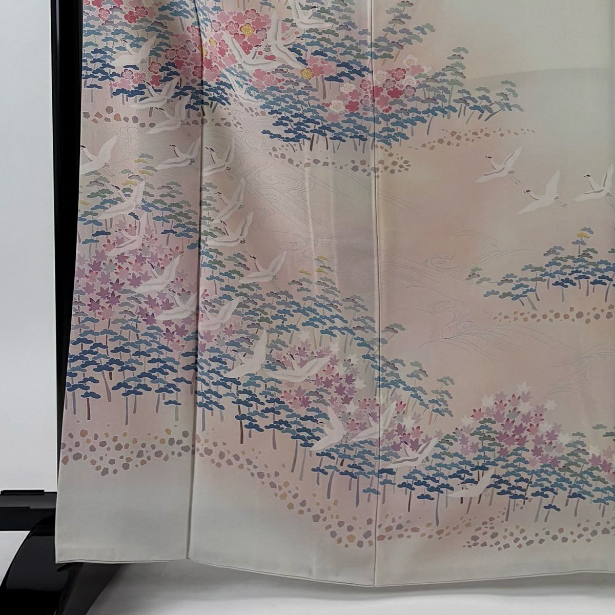 訪問服 身長167cm 袖長65cm M 雙層 落款 仙鶴 松樹梅花 漸層 灰白 純蠶絲 優品級