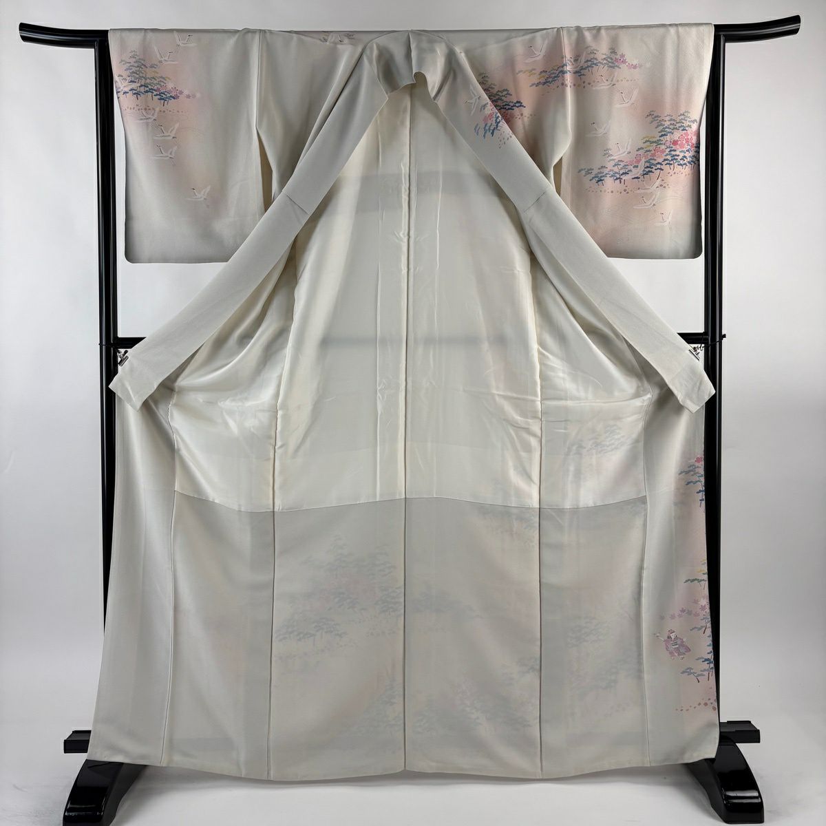 訪問服 身長167cm 袖長65cm M 雙層 落款 仙鶴 松樹梅花 漸層 灰白 純蠶絲 優品級