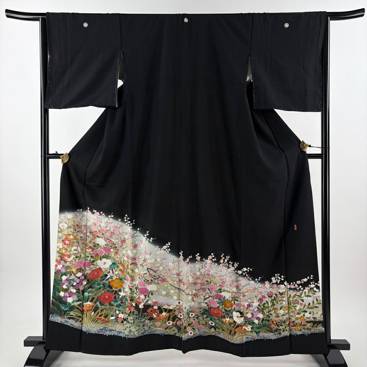 黑留袖禮服 身長161.5cm 袖長64.5cm M 雙層 落款 草花紋紋 鳥 逐漸變色 黑 純蠶絲 優品級