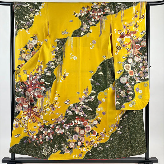 【美品】振袖禮服 身長156cm 袖長63cm S 雙層 鳳凰 菊花 銀糸 金銀彩 山吹 純蠶絲 秀品級