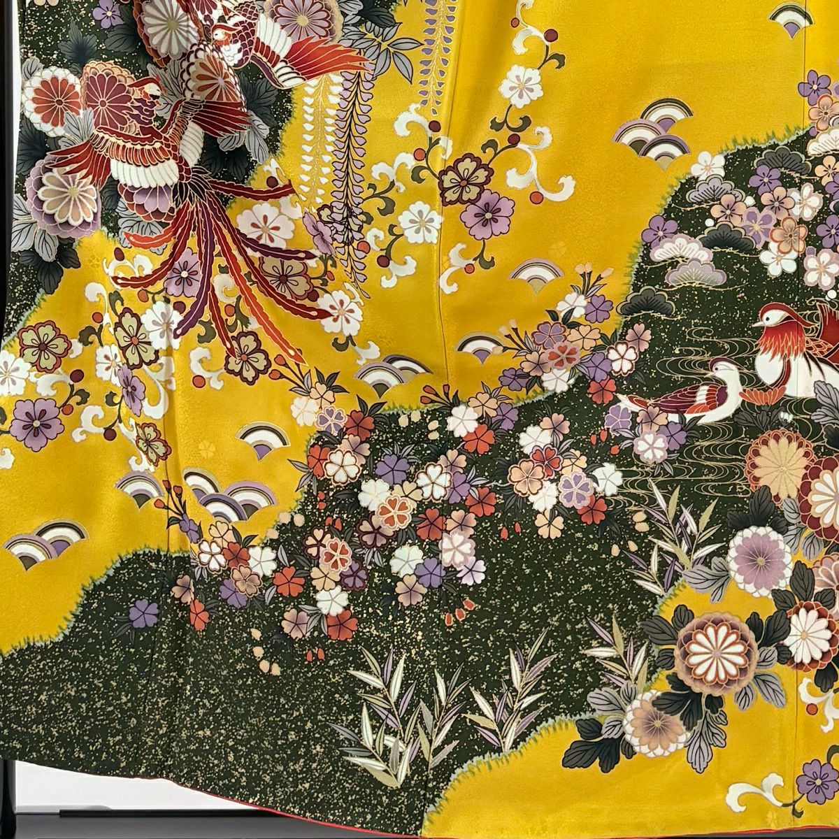 【美品】振袖禮服 身長156cm 袖長63cm S 雙層 鳳凰 菊花 銀糸 金銀彩 山吹 純蠶絲 秀品級