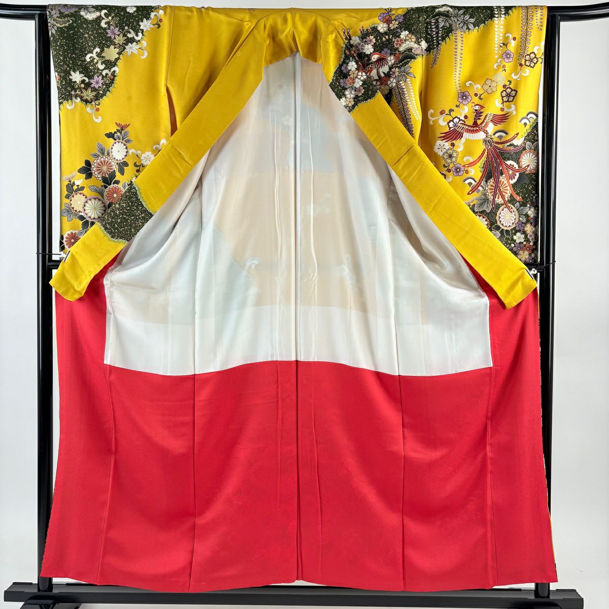 【美品】振袖禮服 身長156cm 袖長63cm S 雙層 鳳凰 菊花 銀糸 金銀彩 山吹 純蠶絲 秀品級