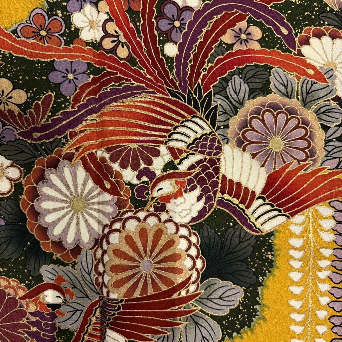 【美品】振袖禮服 身長156cm 袖長63cm S 雙層 鳳凰 菊花 銀糸 金銀彩 山吹 純蠶絲 秀品級