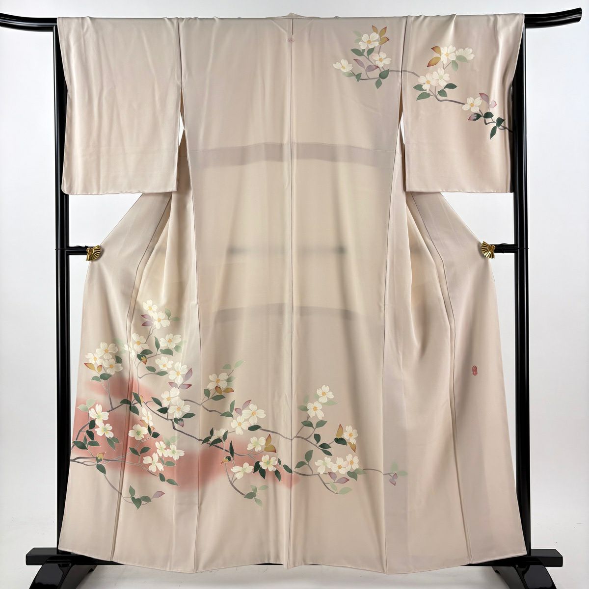 【美品】訪問服 身長159cm 袖長66.5cm M 雙層 落款あり 枝花 漸層 粉米色 純蠶絲 秀品級 一つ紋