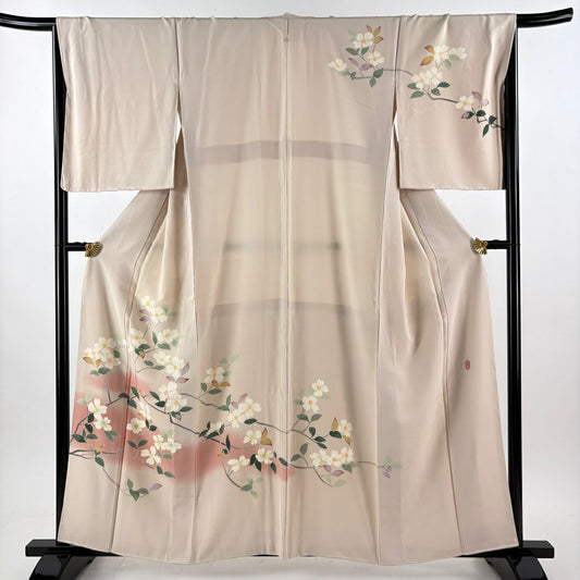 【美品】訪問服 身長159cm 袖長66.5cm M 雙層 落款あり 枝花 漸層 粉米色 純蠶絲 秀品級 一つ紋