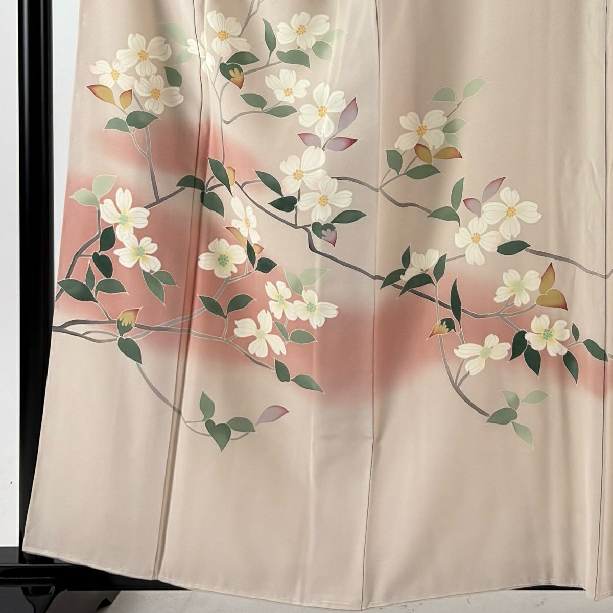 【美品】訪問服 身長159cm 袖長66.5cm M 雙層 落款あり 枝花 漸層 粉米色 純蠶絲 秀品級 一つ紋