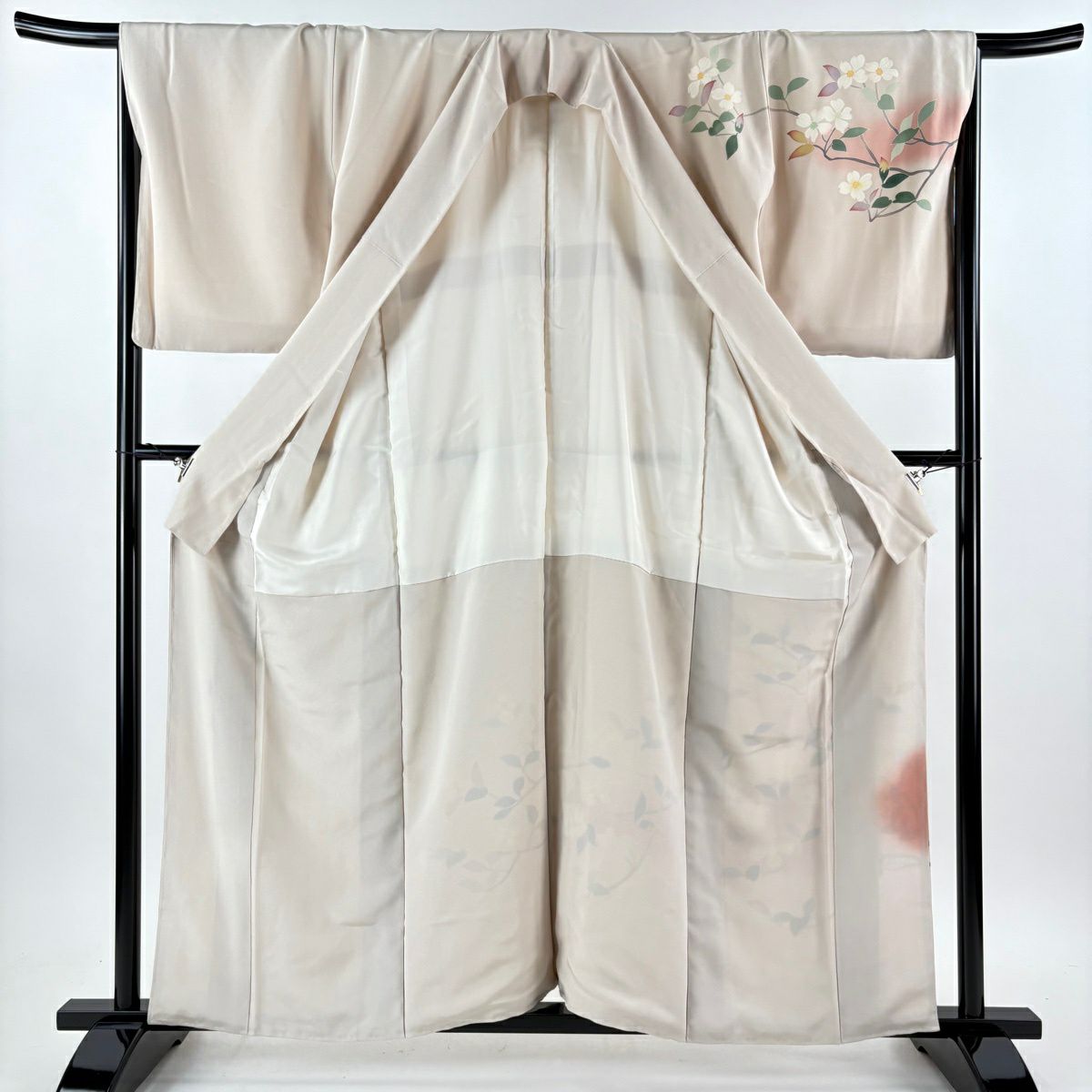 【美品】訪問服 身長159cm 袖長66.5cm M 雙層 落款あり 枝花 漸層 粉米色 純蠶絲 秀品級 一つ紋