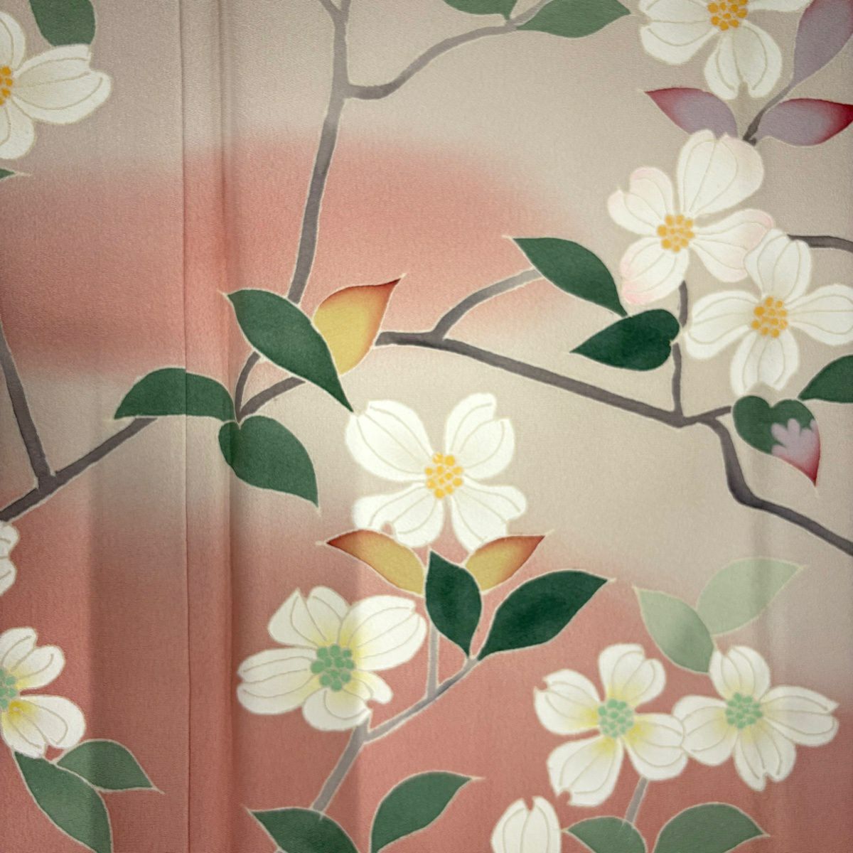【美品】訪問服 身長159cm 袖長66.5cm M 雙層 落款あり 枝花 漸層 粉米色 純蠶絲 秀品級 一つ紋