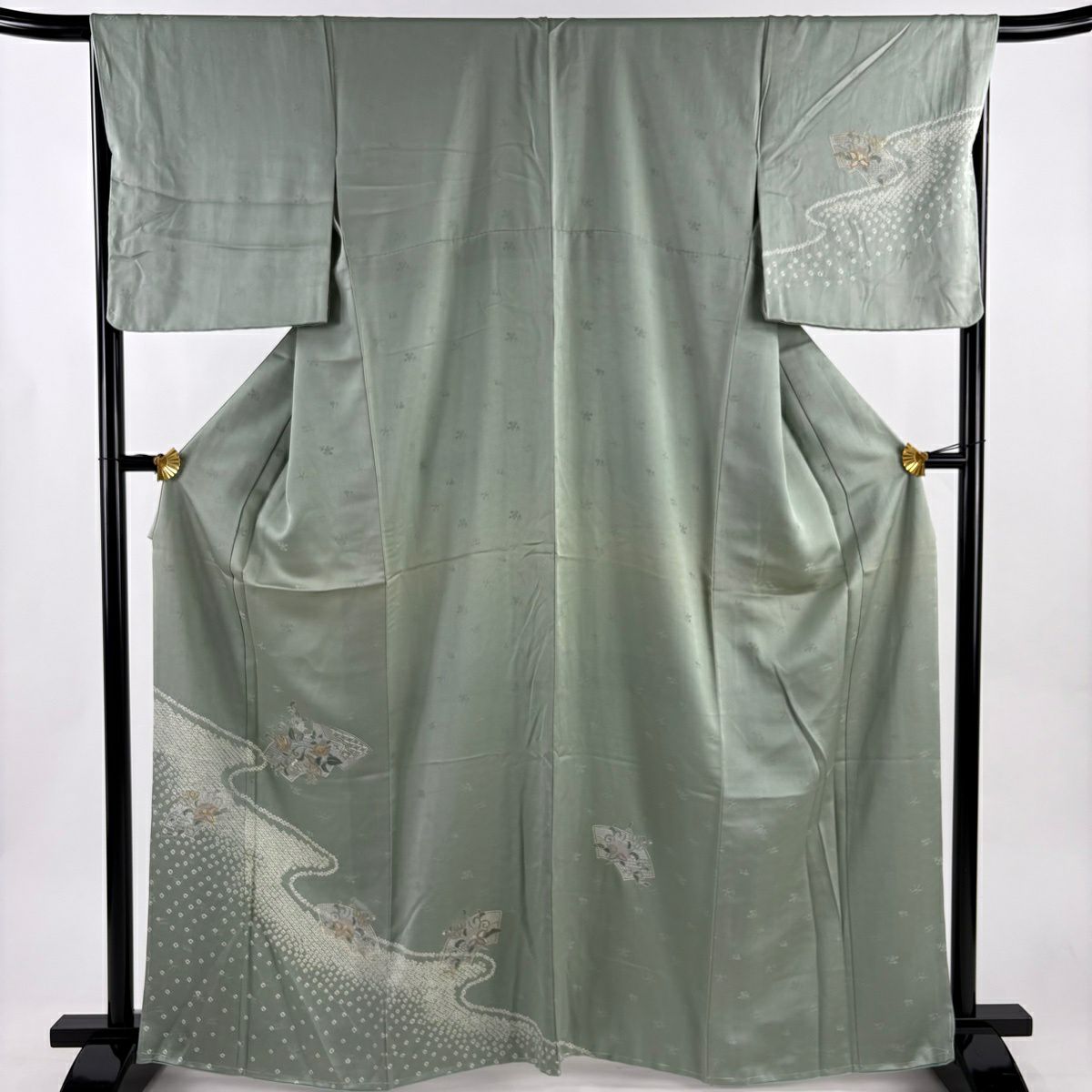 付下 身長164cm 袖長67cm M 雙層 扇子面 草花紋紋 刺繡 絞染 灰綠 純蠶絲 秀品級