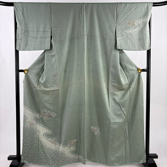付下 身長164cm 袖長67cm M 雙層 扇子面 草花紋紋 刺繡 絞染 灰綠 純蠶絲 秀品級