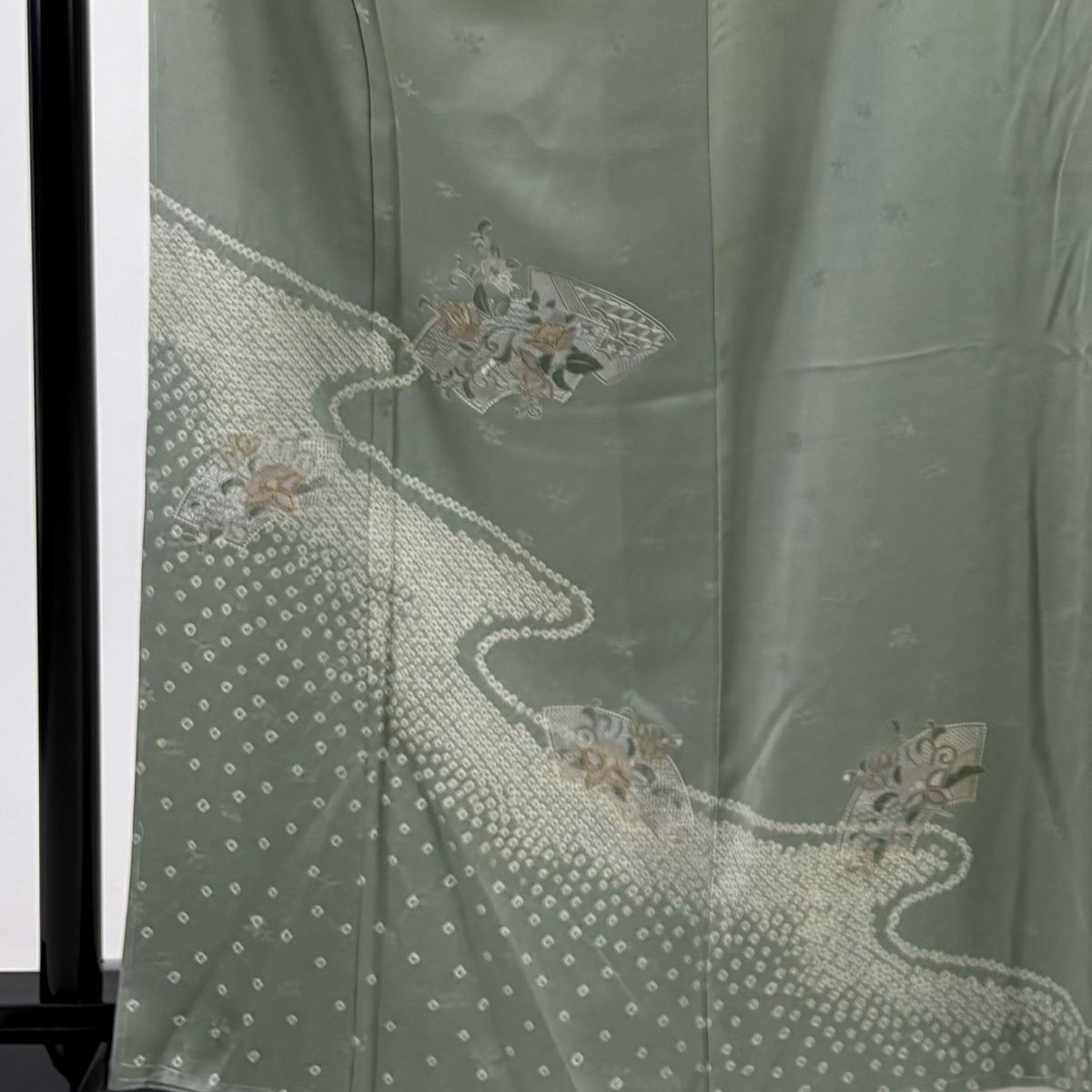 付下 身長164cm 袖長67cm M 雙層 扇子面 草花紋紋 刺繡 絞染 灰綠 純蠶絲 秀品級