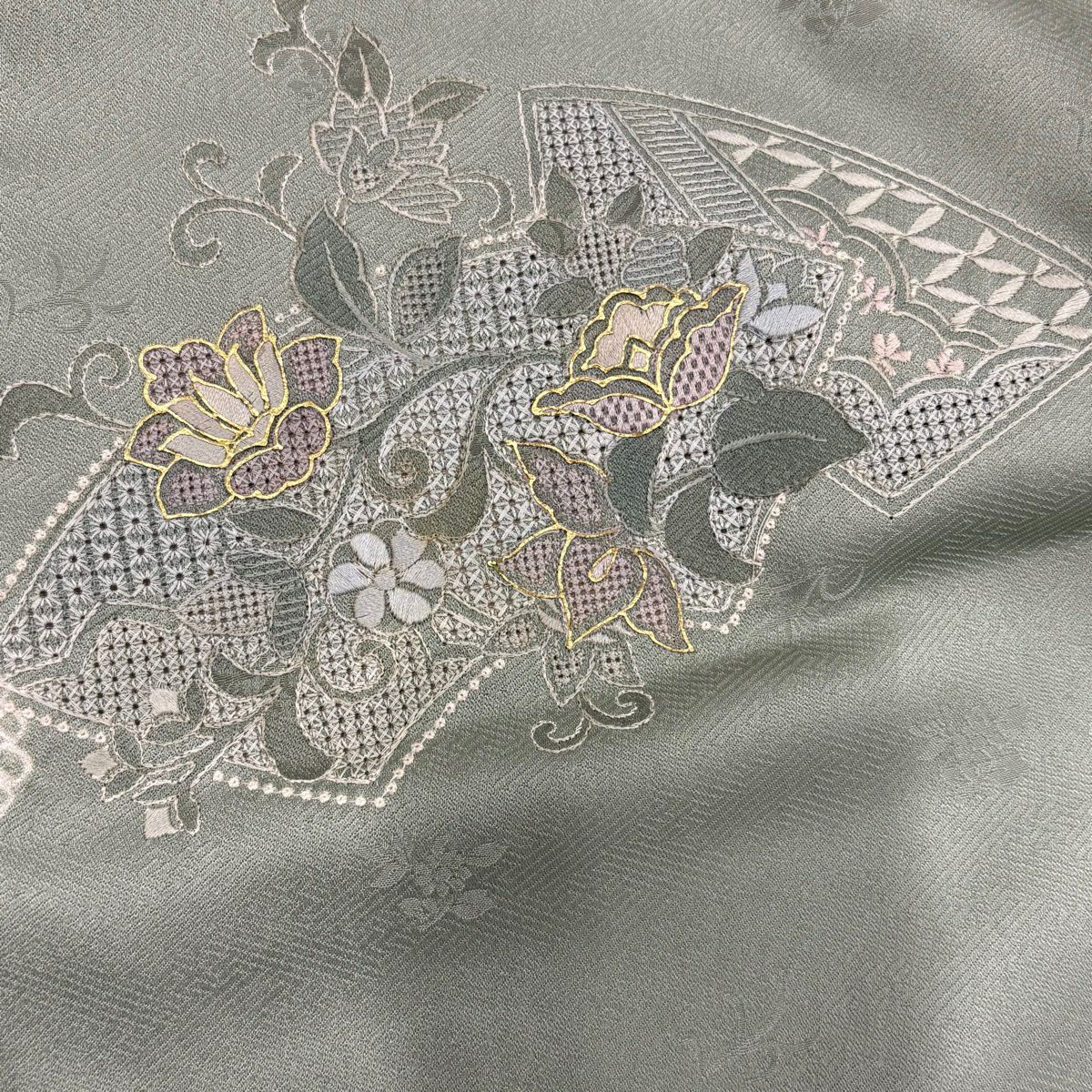 付下 身長164cm 袖長67cm M 雙層 扇子面 草花紋紋 刺繡 絞染 灰綠 純蠶絲 秀品級