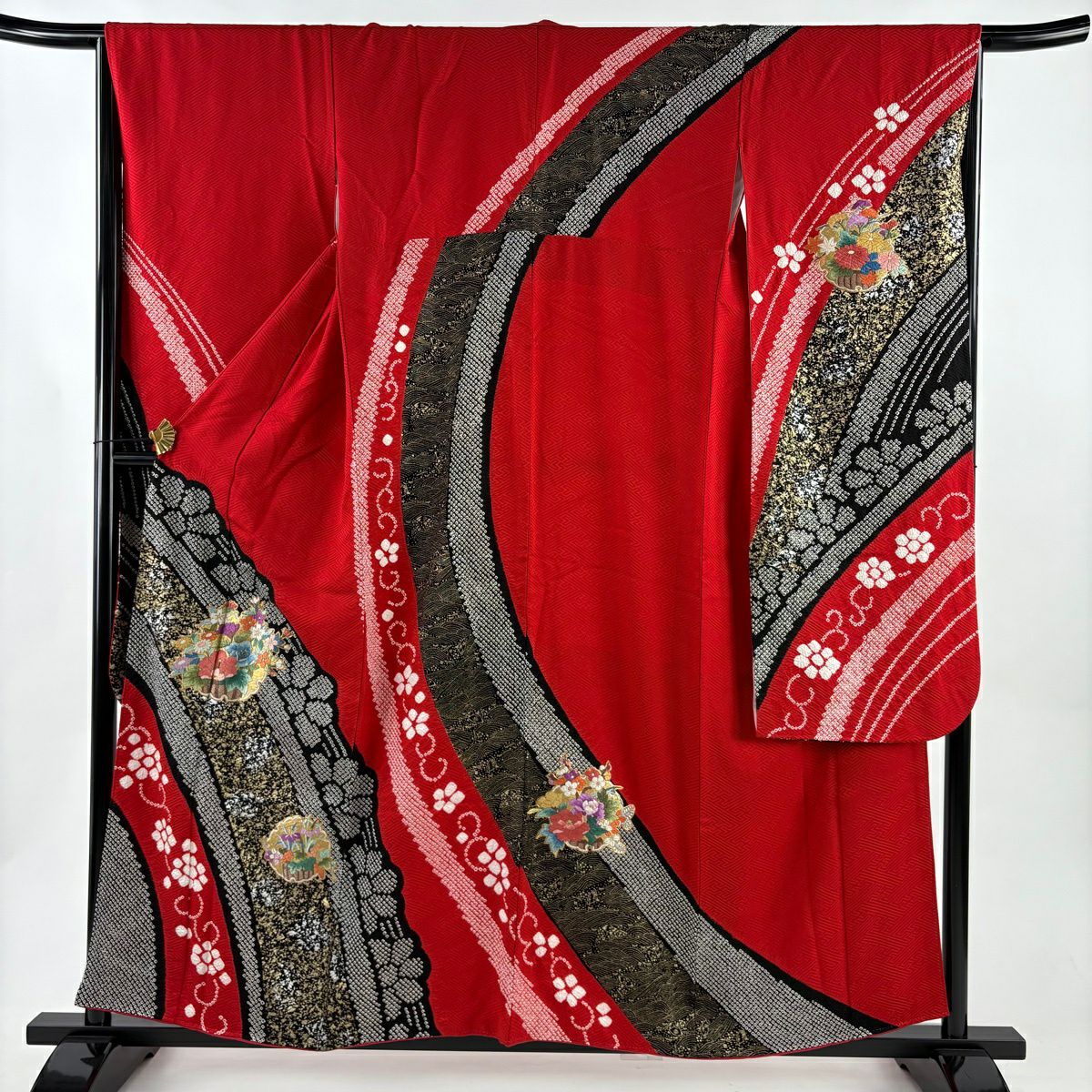 振袖禮服 身長158cm 袖長65cm M 雙層 雪輪 草花紋紋 刺繡 絞染 紅 純蠶絲 秀品級