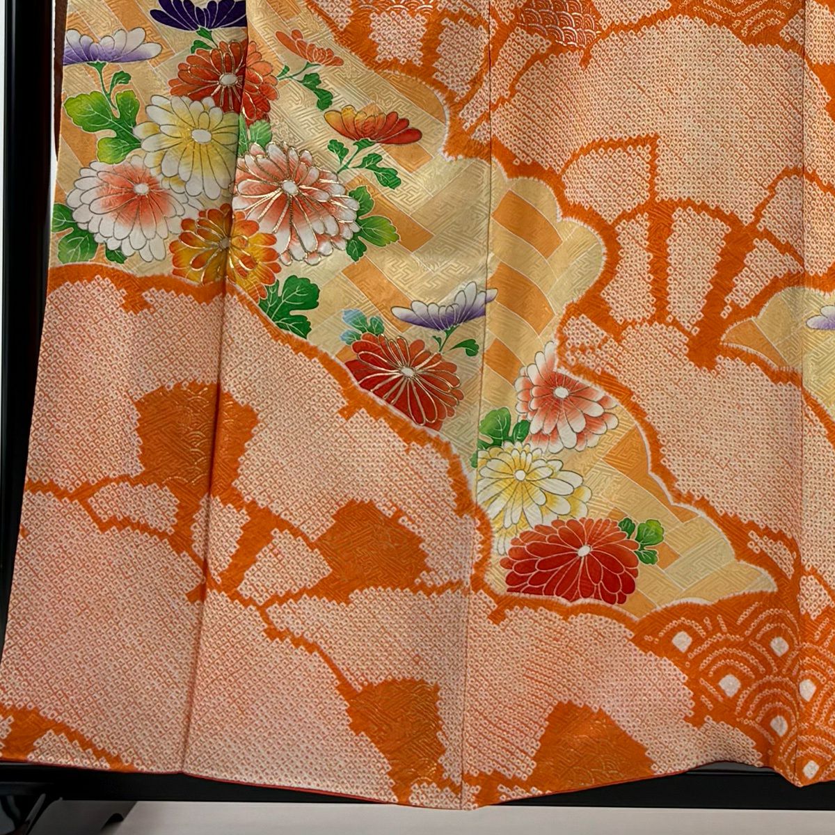 振袖禮服 身長158cm 袖長65cm M 雙層 菊花 青海波 金銀彩 絞染 橙色 純蠶絲 秀品級