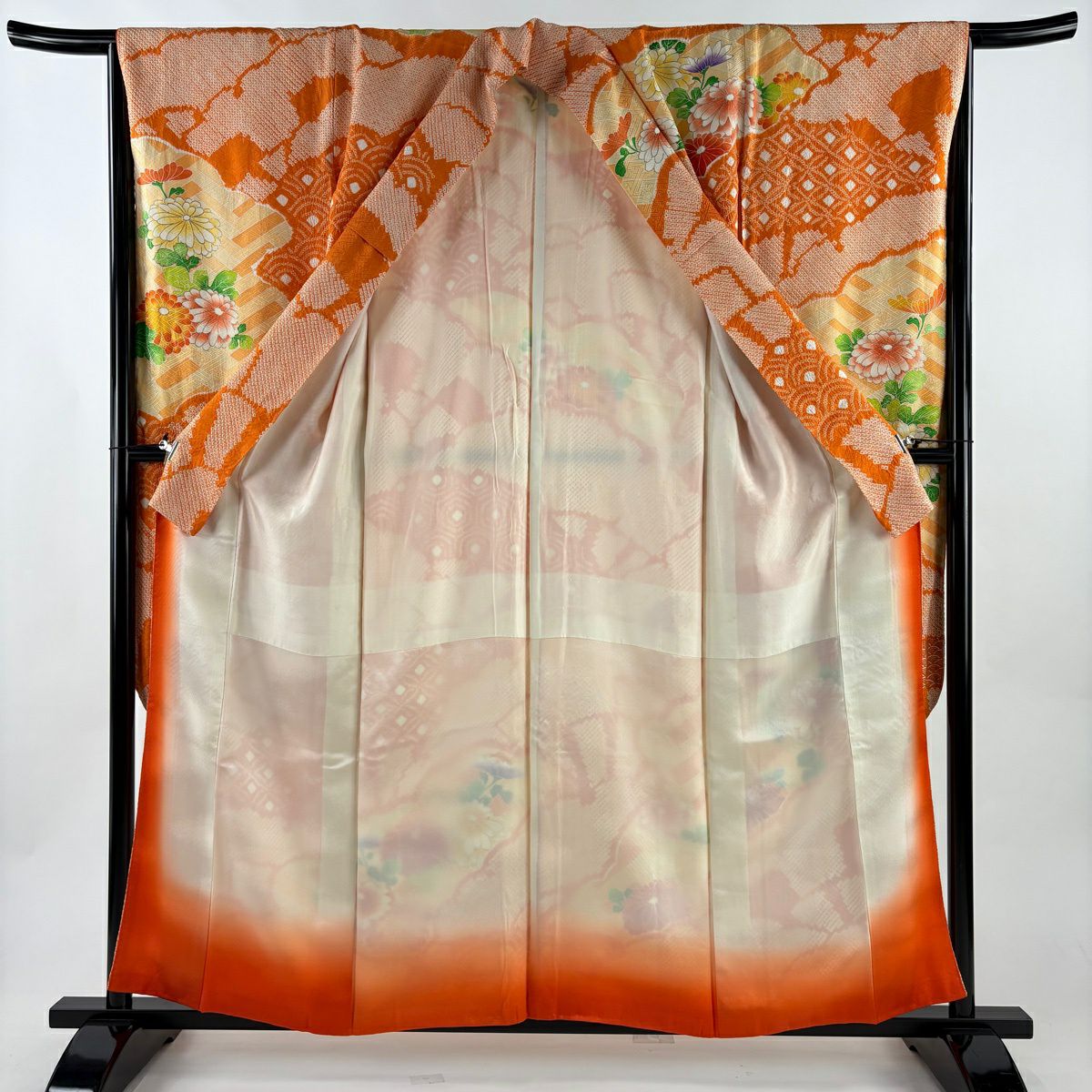 振袖禮服 身長158cm 袖長65cm M 雙層 菊花 青海波 金銀彩 絞染 橙色 純蠶絲 秀品級