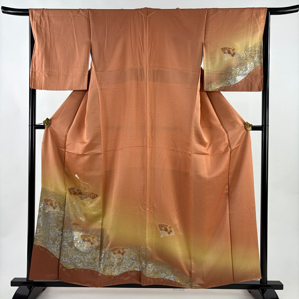 付下 身長156cm 袖長65cm M 雙層 扇子子 萩花 刺繡 金銀彩 橙色 純蠶絲 優品級