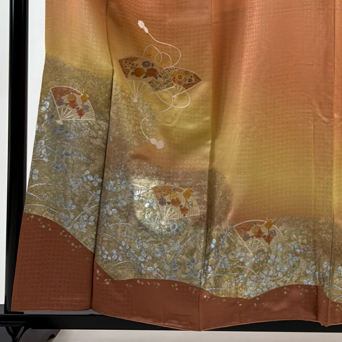 付下 身長156cm 袖長65cm M 雙層 扇子子 萩花 刺繡 金銀彩 橙色 純蠶絲 優品級