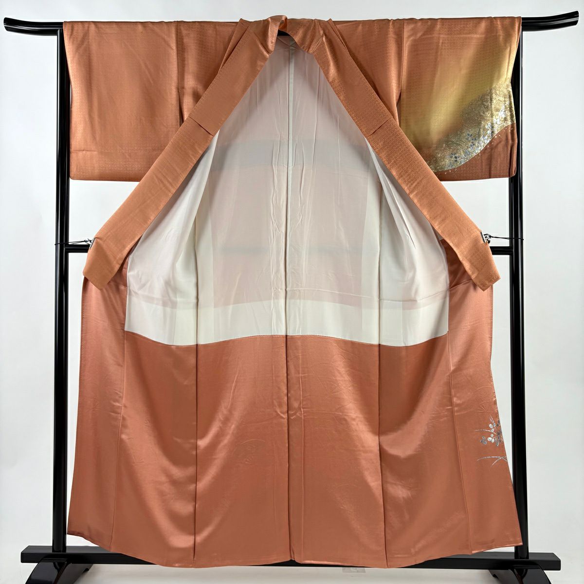付下 身長156cm 袖長65cm M 雙層 扇子子 萩花 刺繡 金銀彩 橙色 純蠶絲 優品級