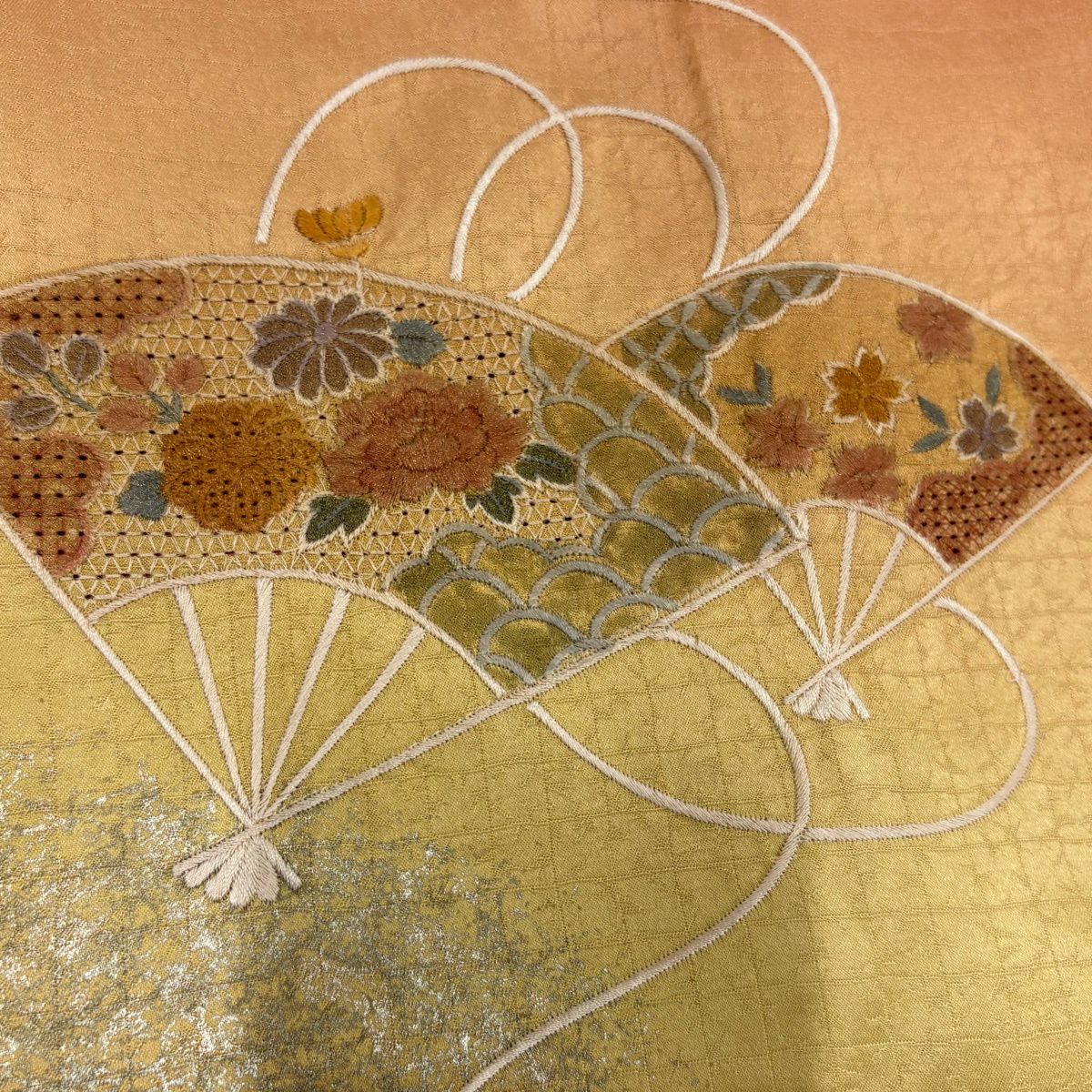 付下 身長156cm 袖長65cm M 雙層 扇子子 萩花 刺繡 金銀彩 橙色 純蠶絲 優品級
