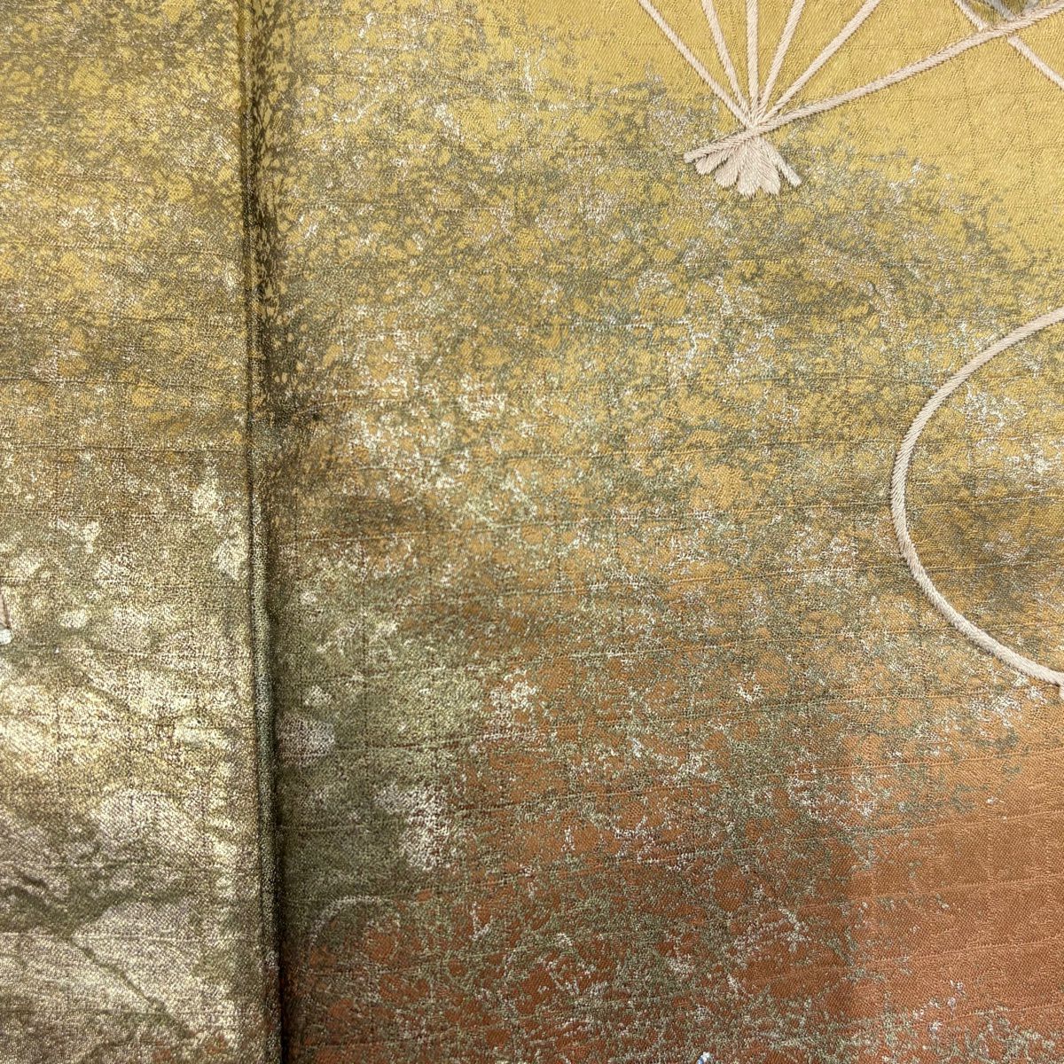 付下 身長156cm 袖長65cm M 雙層 扇子子 萩花 刺繡 金銀彩 橙色 純蠶絲 優品級