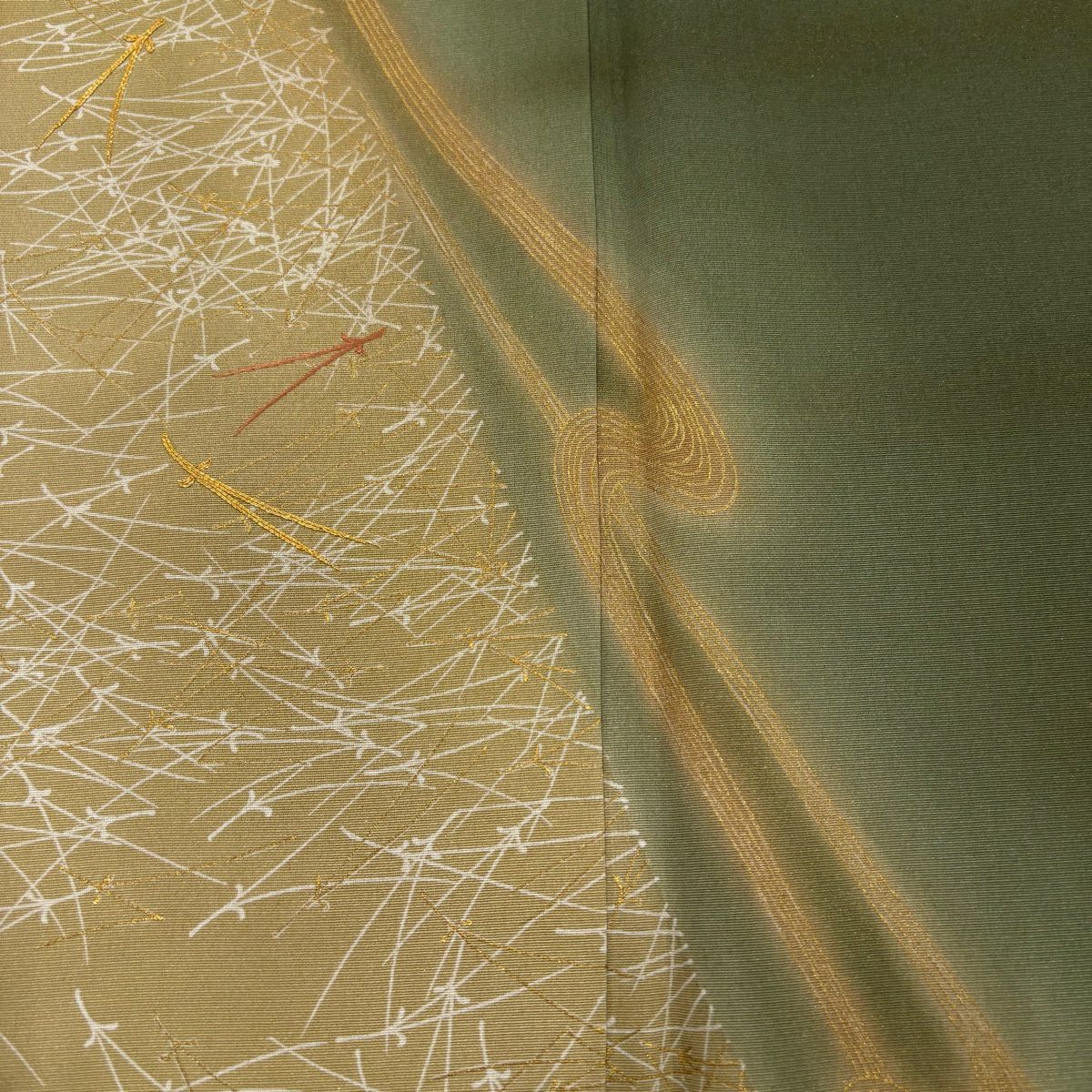訪問服 身長162cm 袖長67.5cm L 雙層 松樹葉 霞 金絲 金銀彩 鶯 綠 純蠶絲 秀品級 一個紋