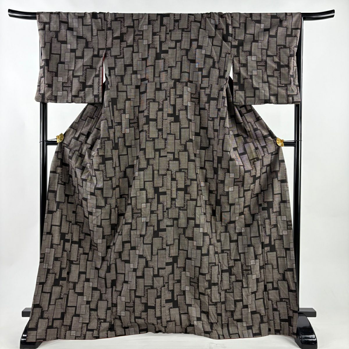 【美品】 紬織 身長170cm 袖長66.5cm M 雙層 幾何圖案 焦茶 純蠶絲 秀品級