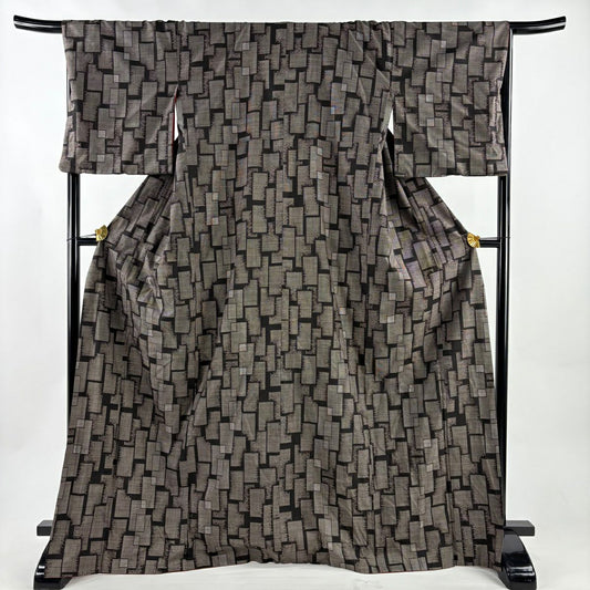 【美品】 紬織 身長170cm 袖長66.5cm M 雙層 幾何圖案 焦茶 純蠶絲 秀品級