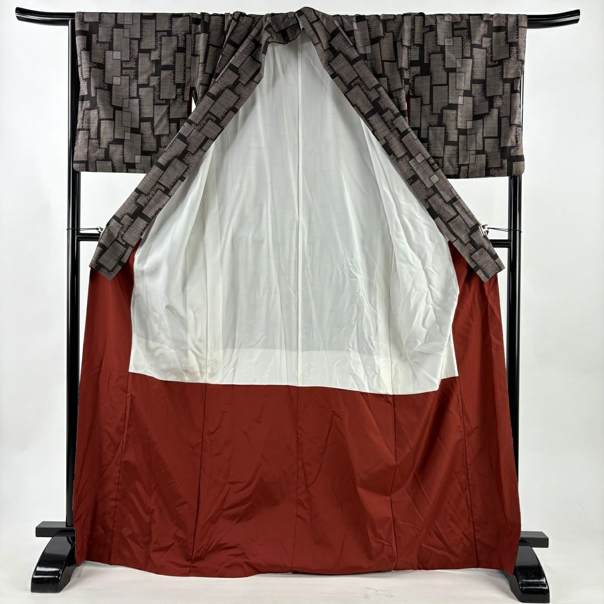 【美品】 紬織 身長170cm 袖長66.5cm M 雙層 幾何圖案 焦茶 純蠶絲 秀品級